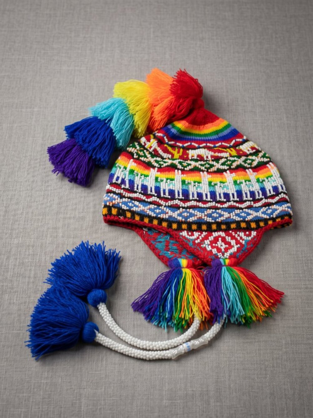 Traditional Andean Chullo with Rhinestones and Rainbow Tassels - Picture 5 of 7